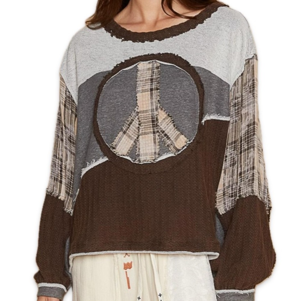 POL Sweat shirt Peace Sign Free Terry Boho / Peace Top Patchwork L Boutique